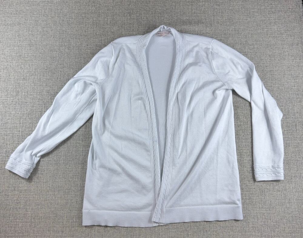 Carolyn Taylor Cardigan XL White Open Front Long Sleeve Cable Trim Rayon Blend